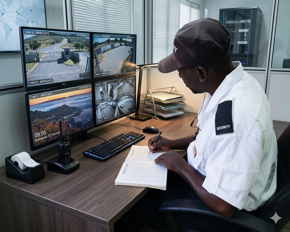 A security officer monitoring multiple CCTV surveillance feeds at a control room desk while maintaining an incident logbook.