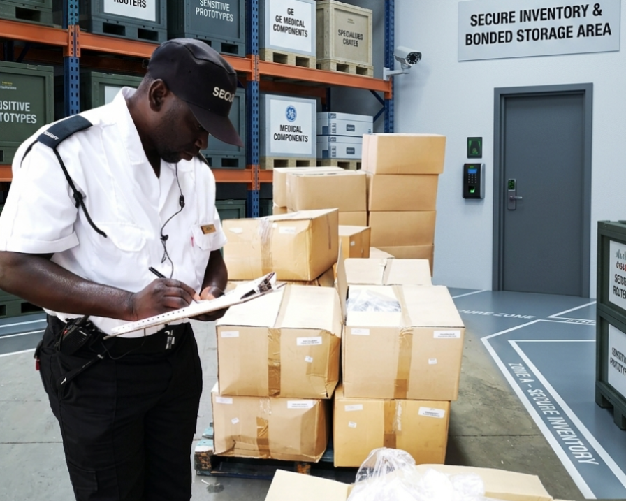 Professional security guard in a white uniform conducting a detailed inventory inspection and stock verification in a secure bonded warehouse storage area.