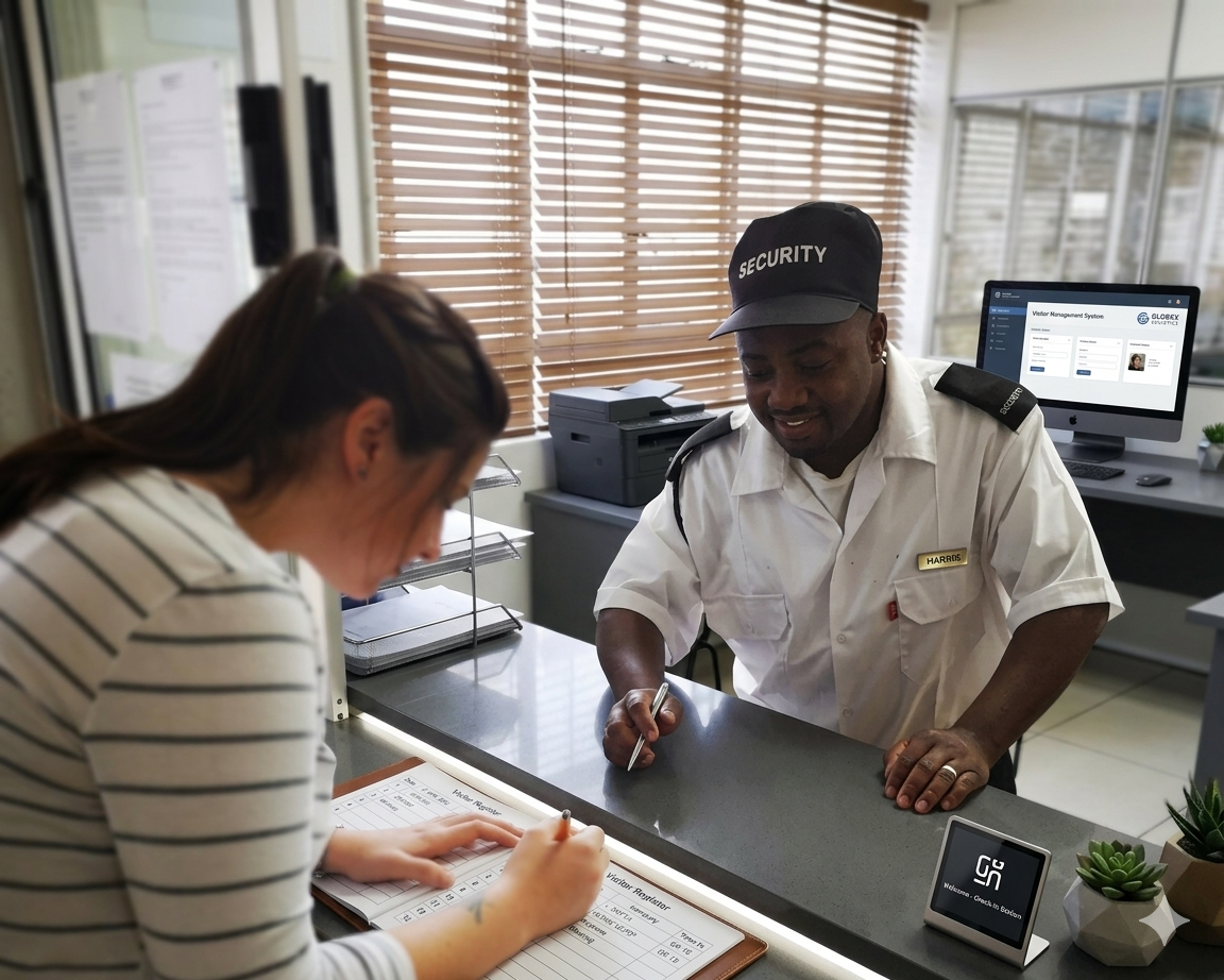 A security guard assisting a visitor with a manual sign-in register at a logistics reception desk with a digital visitor management system visible in the background.