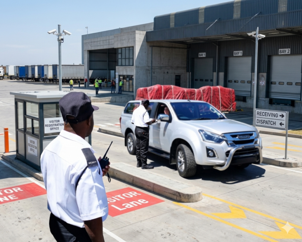 A security guard with a handheld radio monitoring a vehicle check-point at a warehouse access gate with warehouse bays.