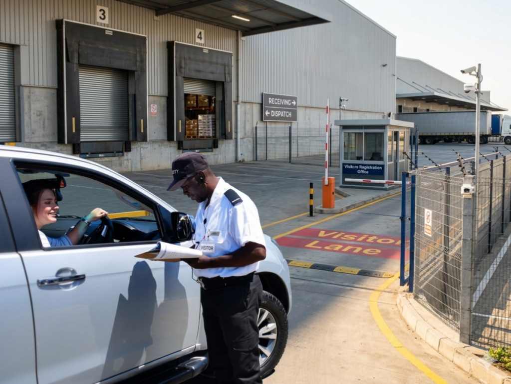 A security officer checking credentials and logging a visitor at a logistics warehouse main gate with warehouse loading docks and a boom gate in the background.