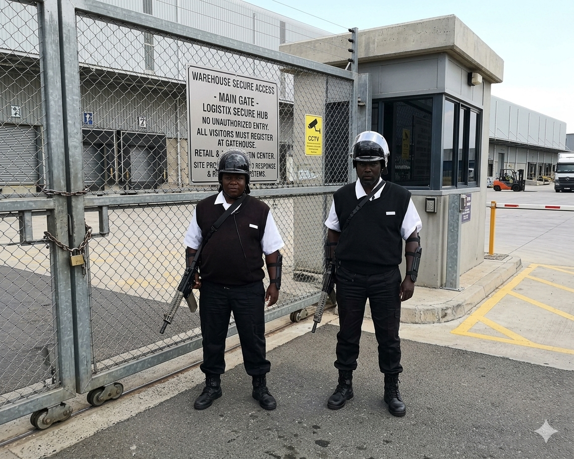 Two tactical security officers in uniform with helmets and rifles standing guard at a secure warehouse main gate with visible CCTV signage.
