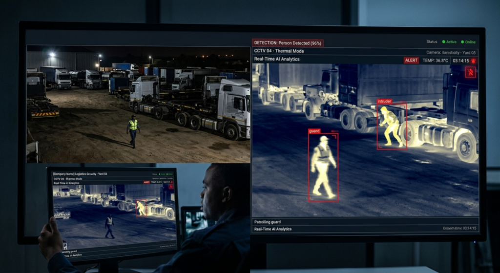 Security control room monitor showing real-time thermal imaging and AI analytics detecting an intruder between heavy-haulage trucks in a logistics yard.