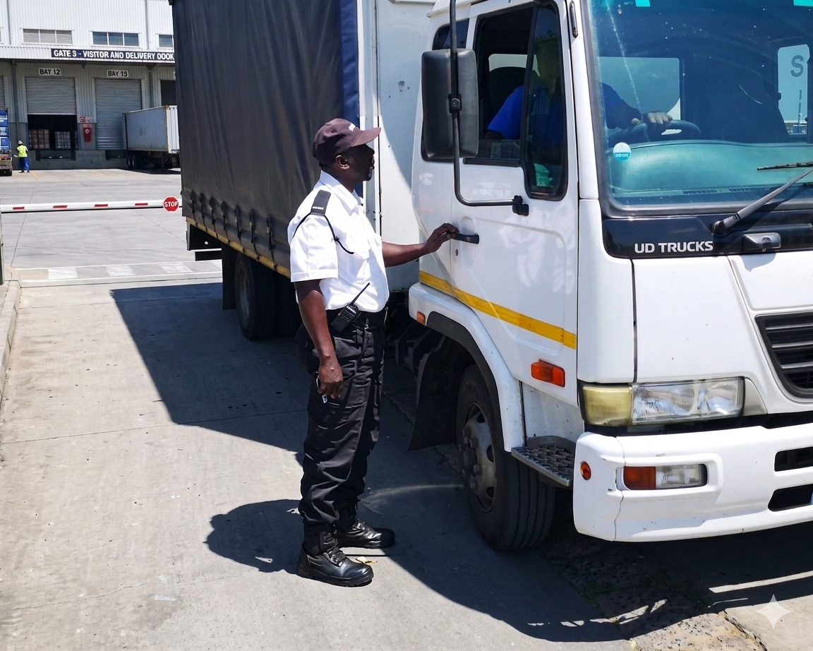 A security guard in a white uniform conducting a driver identification and vehicle verification check on a truck at a secure logistics warehouse gate.