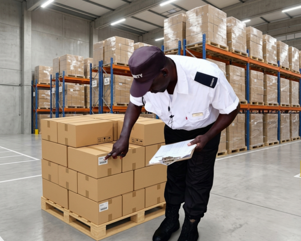 A security guard in a professional uniform conducting a detailed stock inspection and inventory check on palletized boxes in a warehouse.